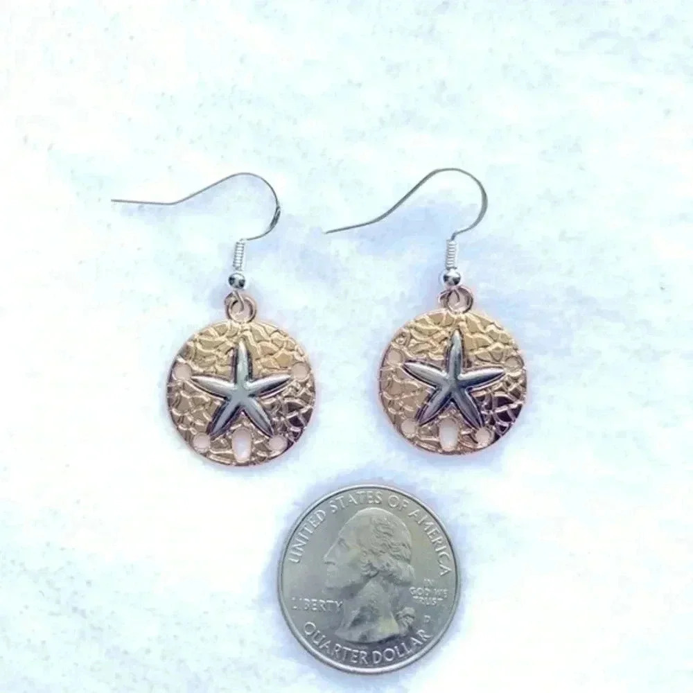 Handmade Gold & Silver Sand Dollar Drop Earrings NWT - Picture 3 of 3